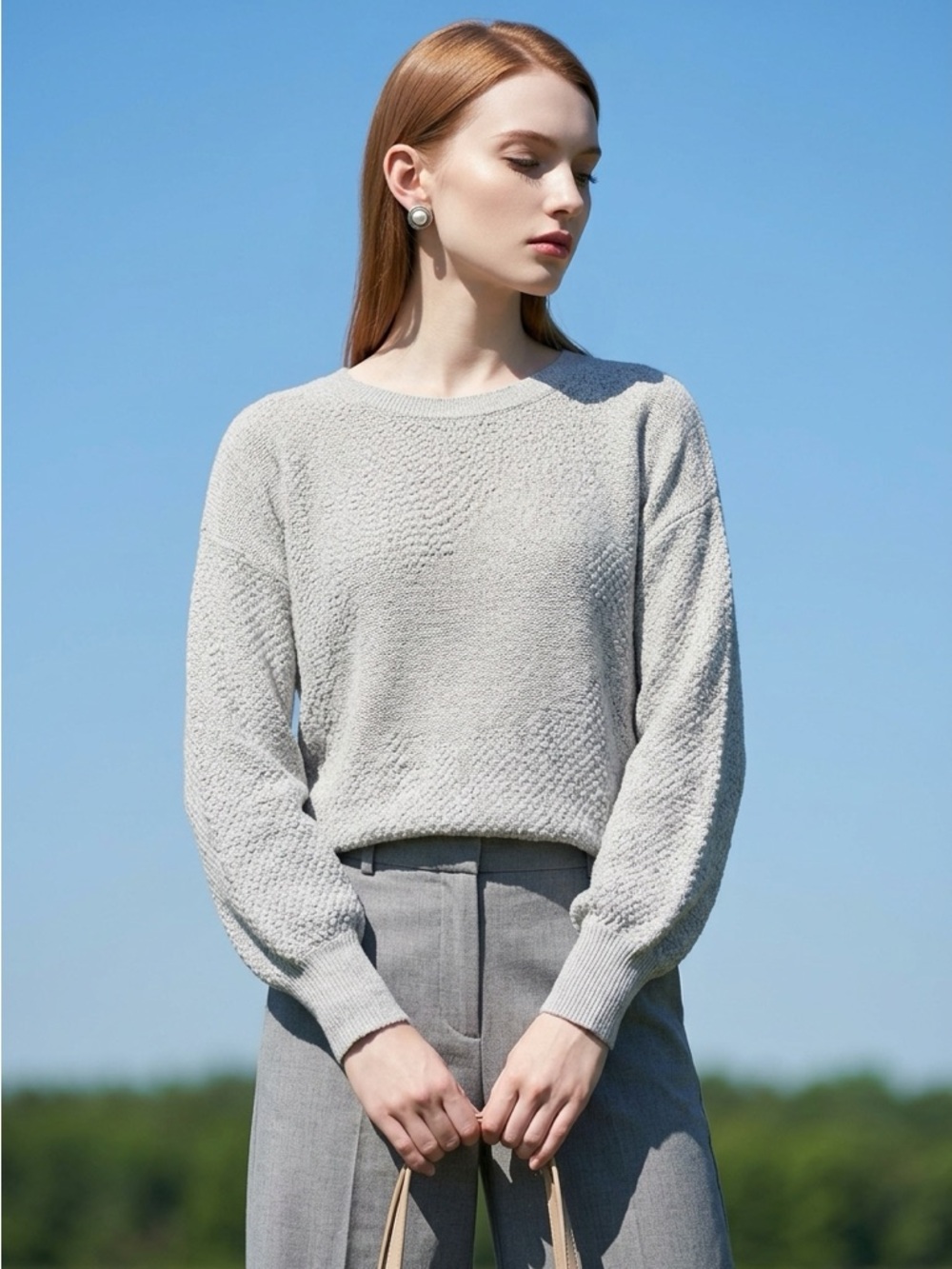 Anthropologie Matty M Gray Textured Knit Sweater Women’s Crew Neck